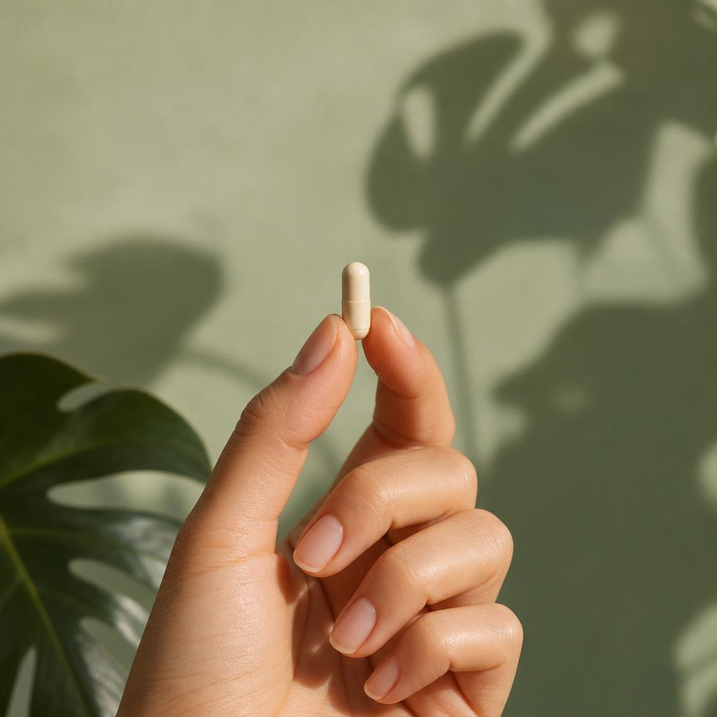Capsula vegetale di 5-HTP NutraLab tenuta tra le dita