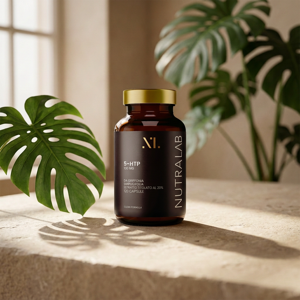 Flacone 5-HTP NutraLab su piano naturale