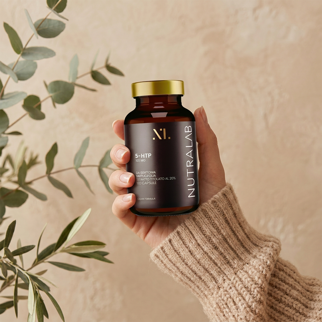 Flacone 5-HTP NutraLab tenuto in mano