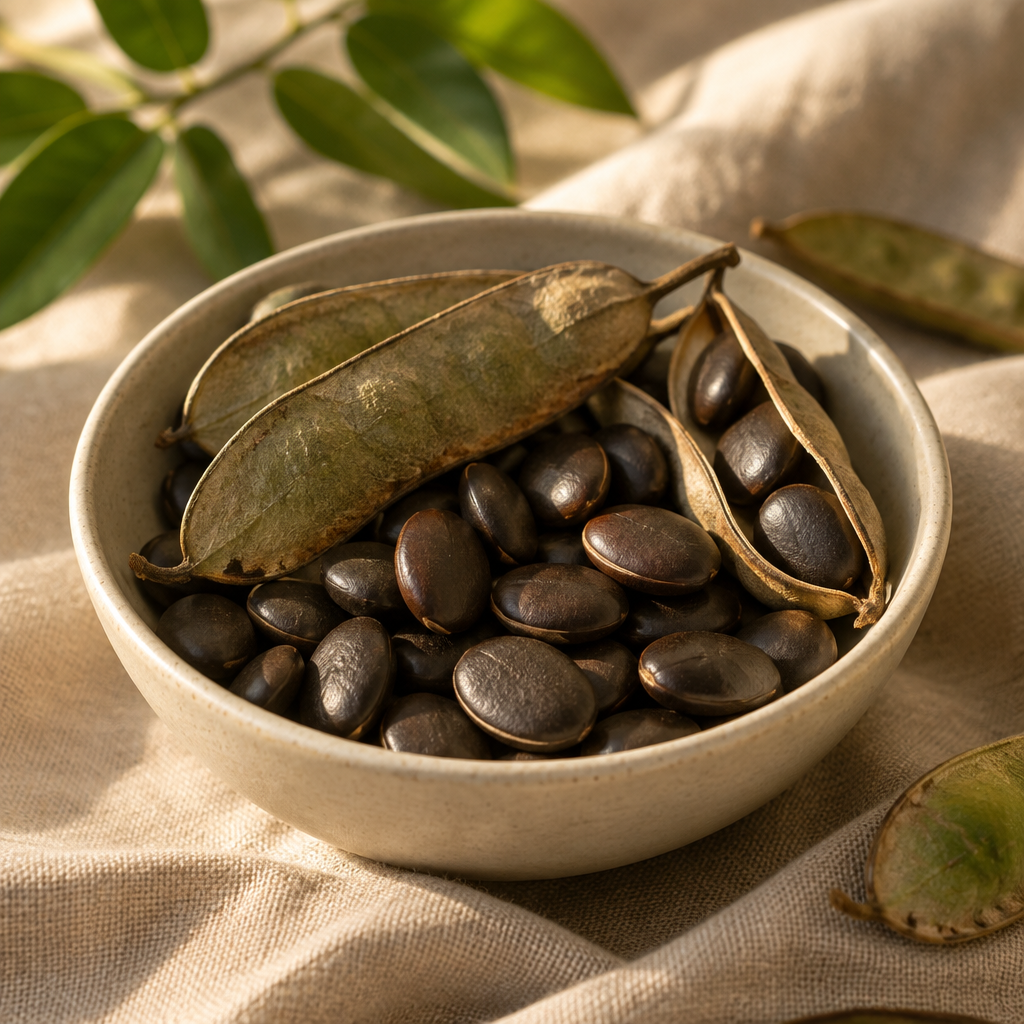 Baccelli e semi di Griffonia simplicifolia in una ciotolina di ceramica