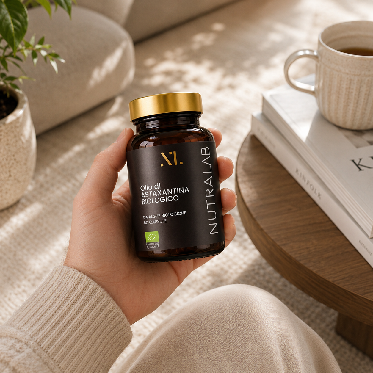 Flacone Astaxantina NutraLab tenuto in mano
