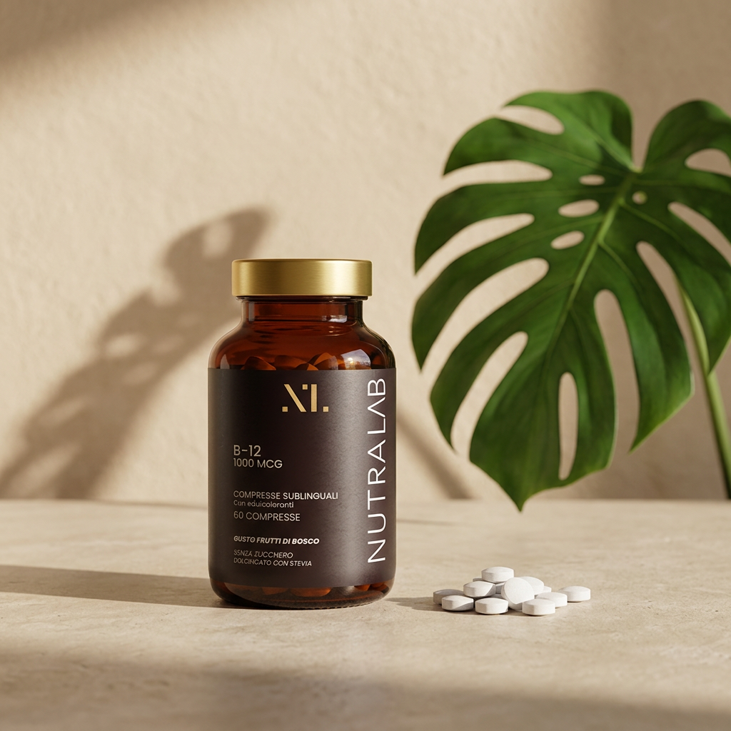 Flacone Vitamina B12 NutraLab su tavolo con foglia di monstera