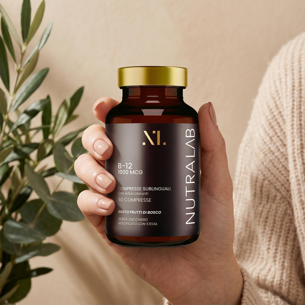 Flacone Vitamina B12 NutraLab tenuto in mano