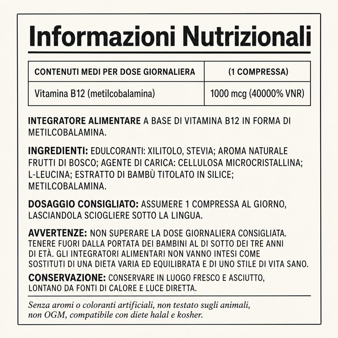 Informazioni nutrizionali Vitamina B12 Sublinguale