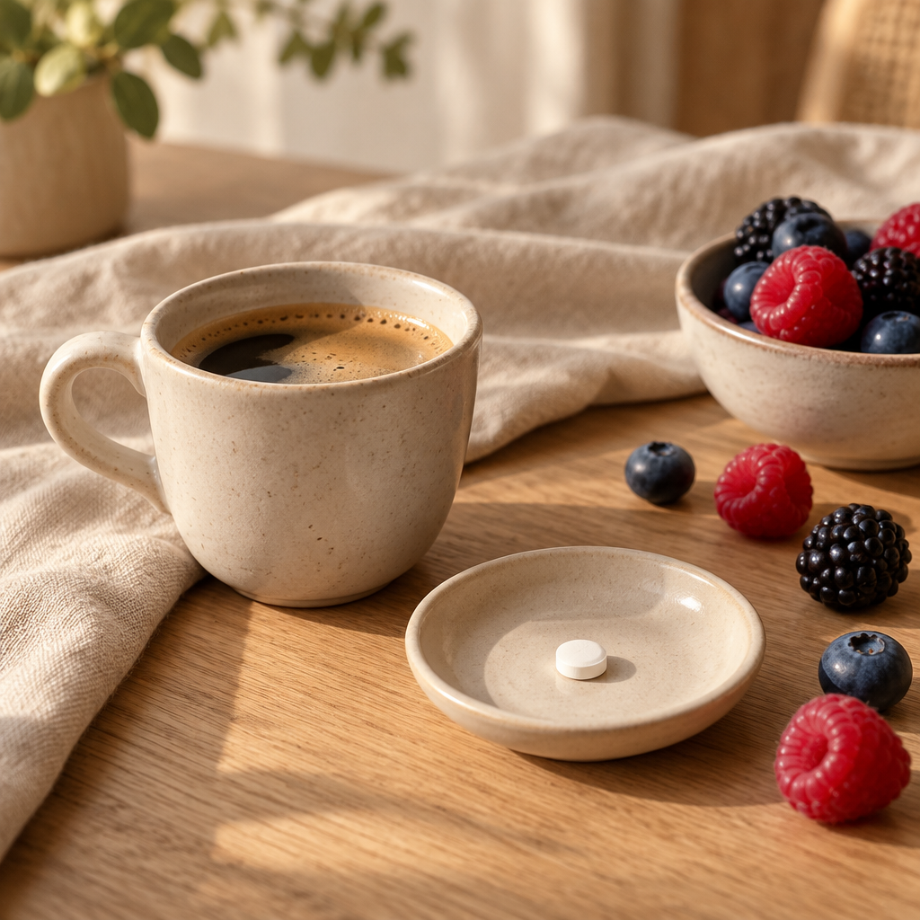 Una compressa sublinguale accanto al caffè del mattino, con frutti di bosco
