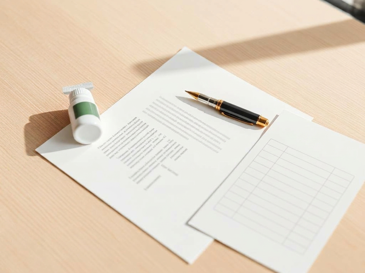 Contratto e listino su scrivania con penna e flacone campione