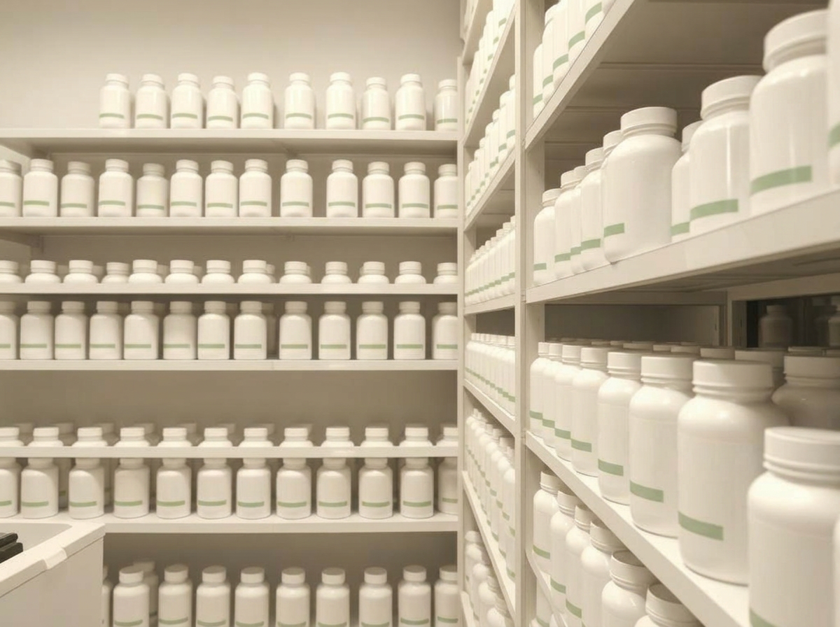 Scaffali ordinati di farmacia riforniti di flaconi nutraceutici bianchi