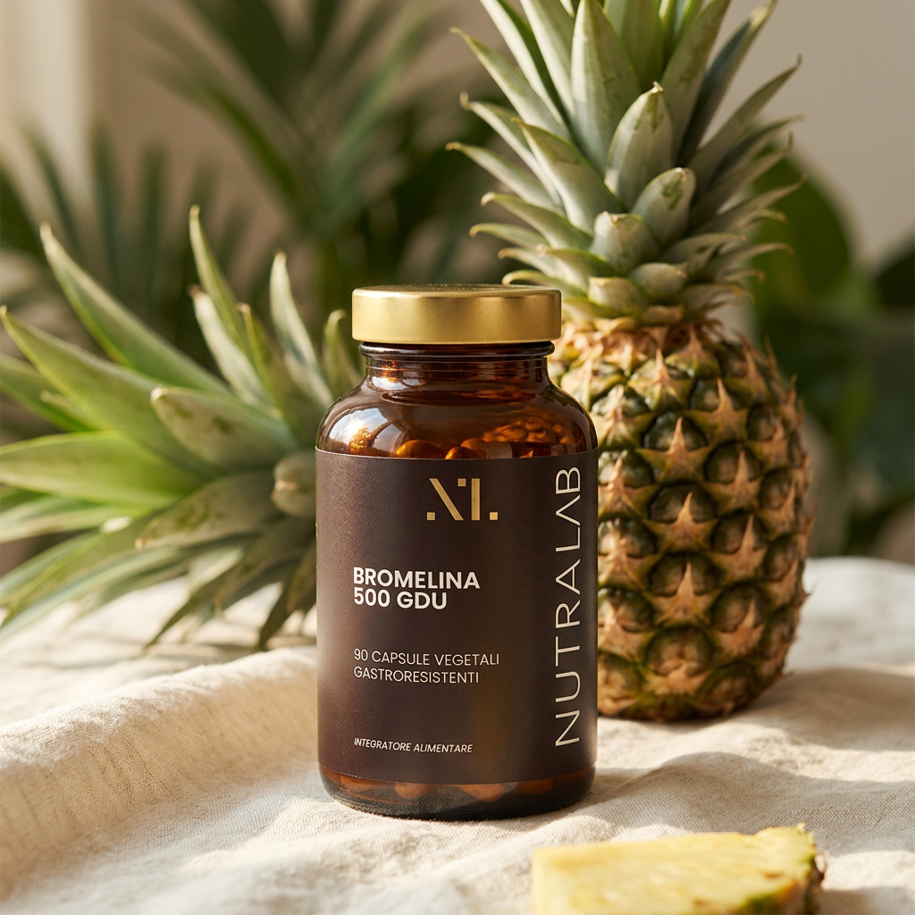 Flacone Bromelina NutraLab su piano naturale con gambo di ananas