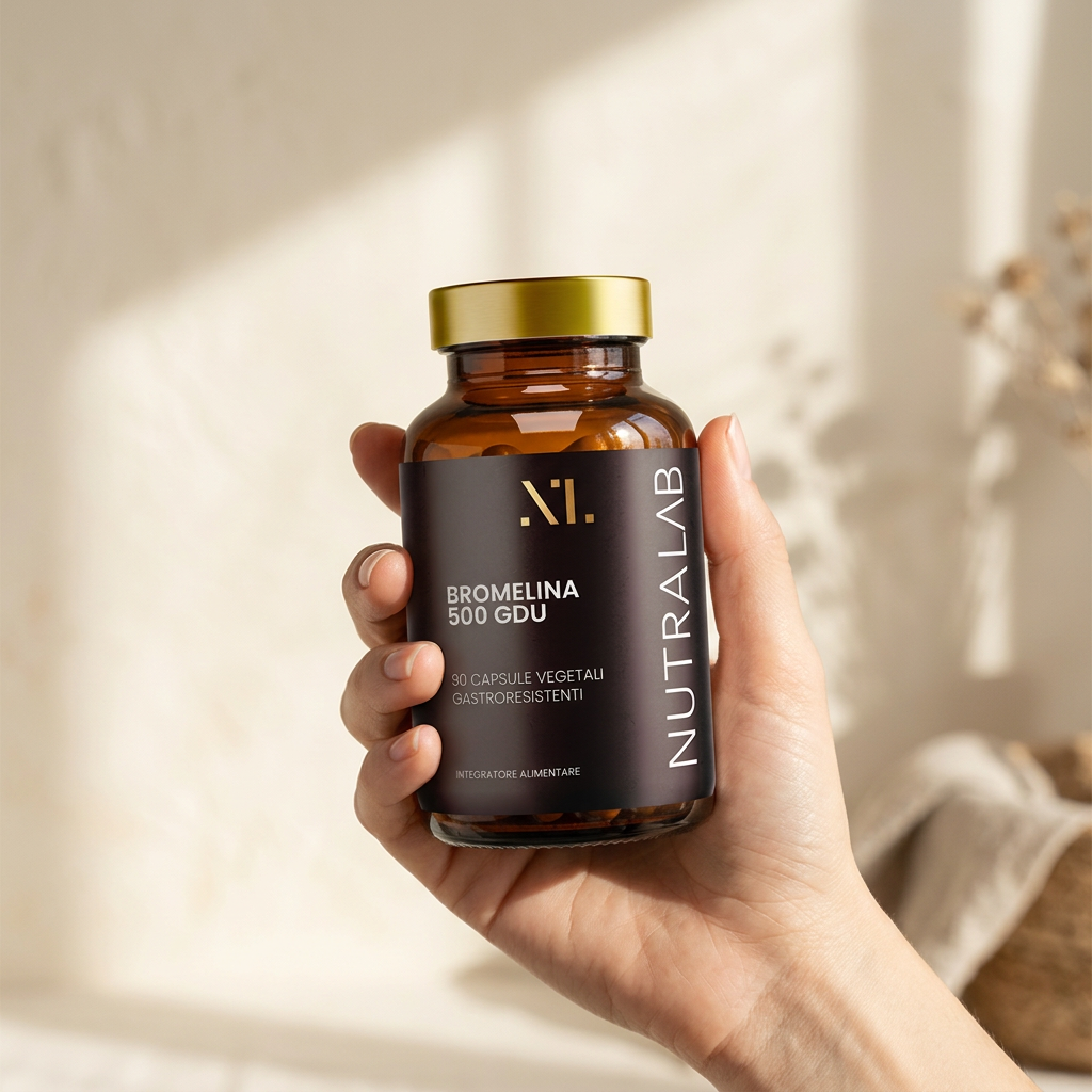 Flacone Bromelina NutraLab tenuto in mano
