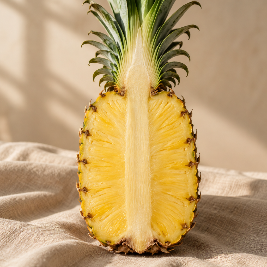 Ananas tagliato per il lungo con il gambo centrale in evidenza