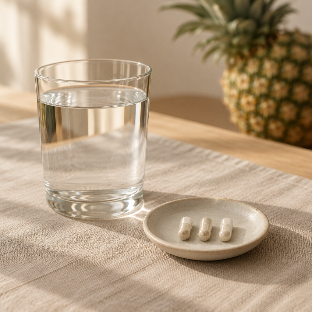 Tre capsule vegetali su un piattino accanto a un bicchiere d'acqua, con un ananas sullo sfondo