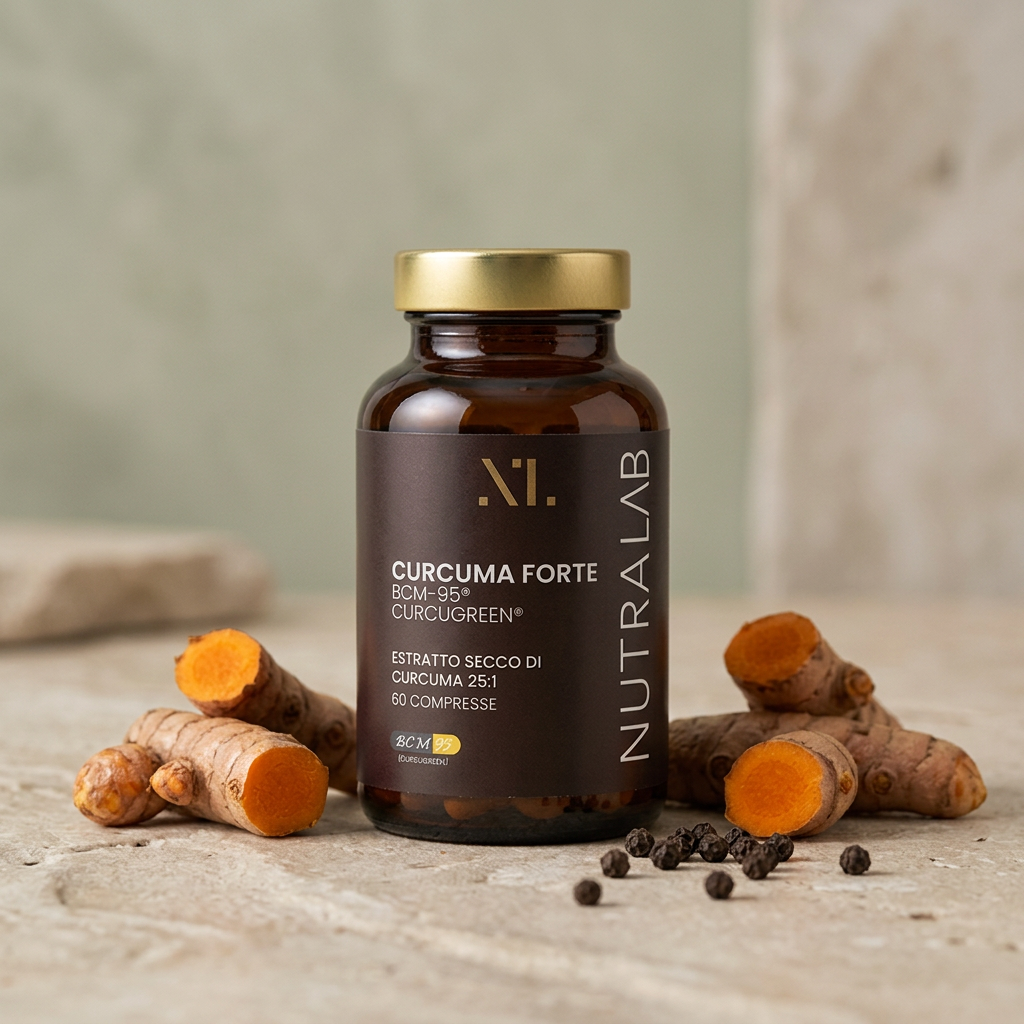 Flacone Curcuma Forte NutraLab con rizomi di curcuma e pepe nero