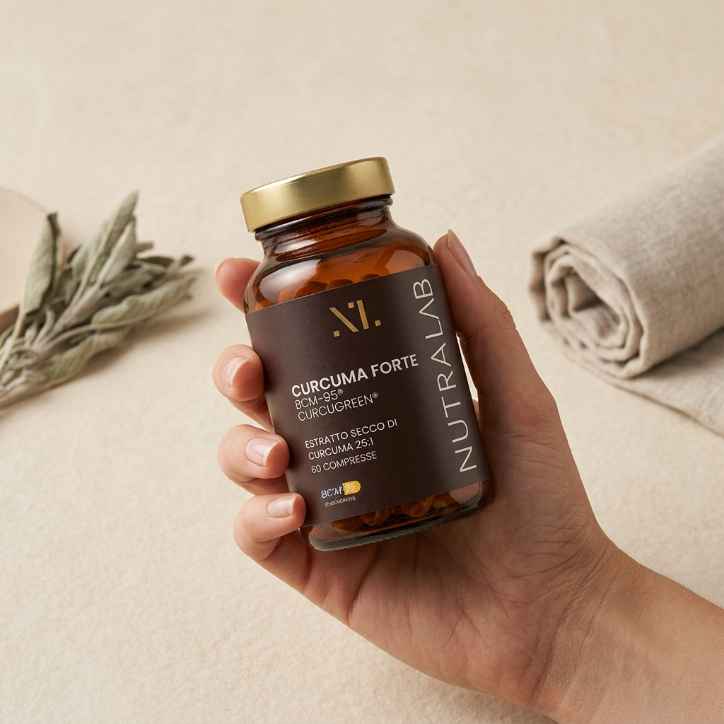Flacone Curcuma Forte NutraLab tenuto in mano