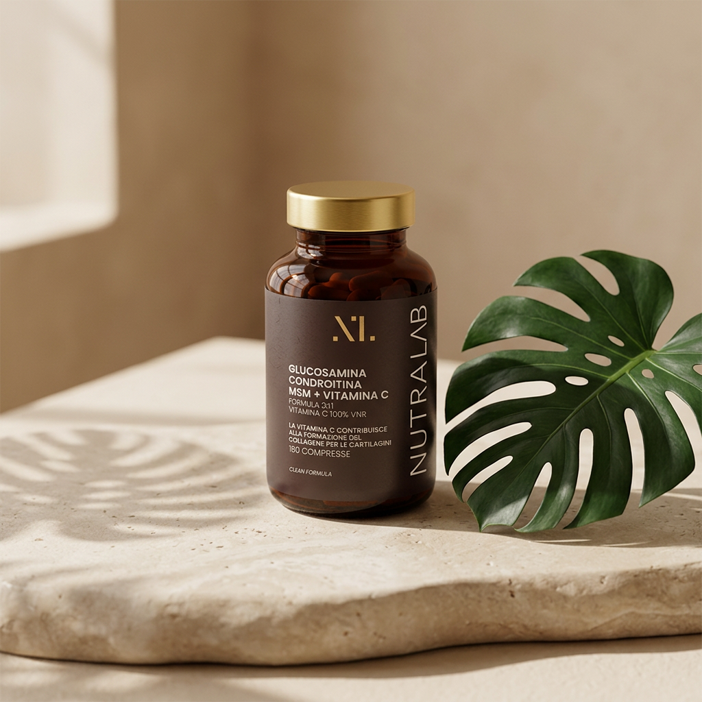 Flacone Glucosamina Condroitina MSM NutraLab su piano naturale