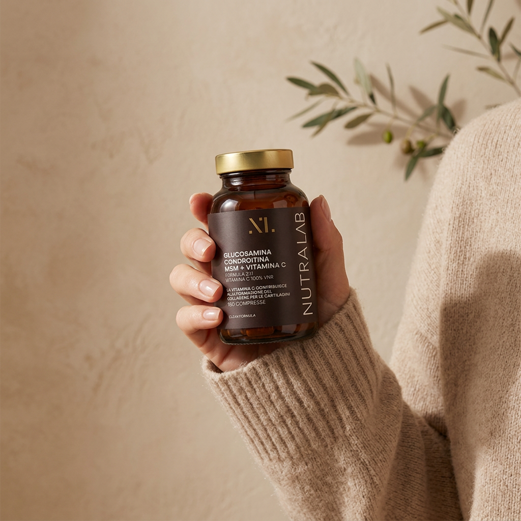 Flacone Glucosamina Condroitina MSM NutraLab tenuto in mano