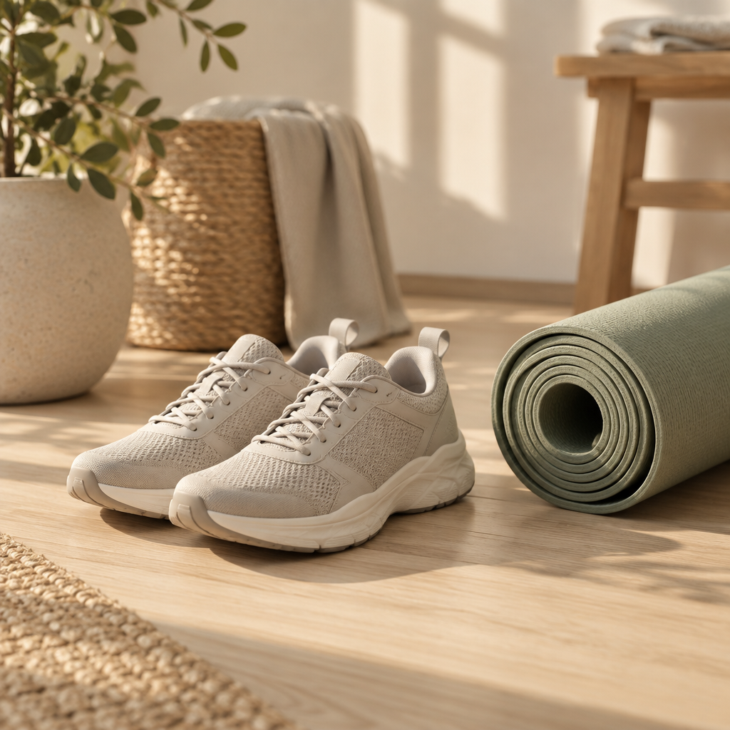 Scarpe da camminata accanto a un tappetino yoga nella luce del mattino