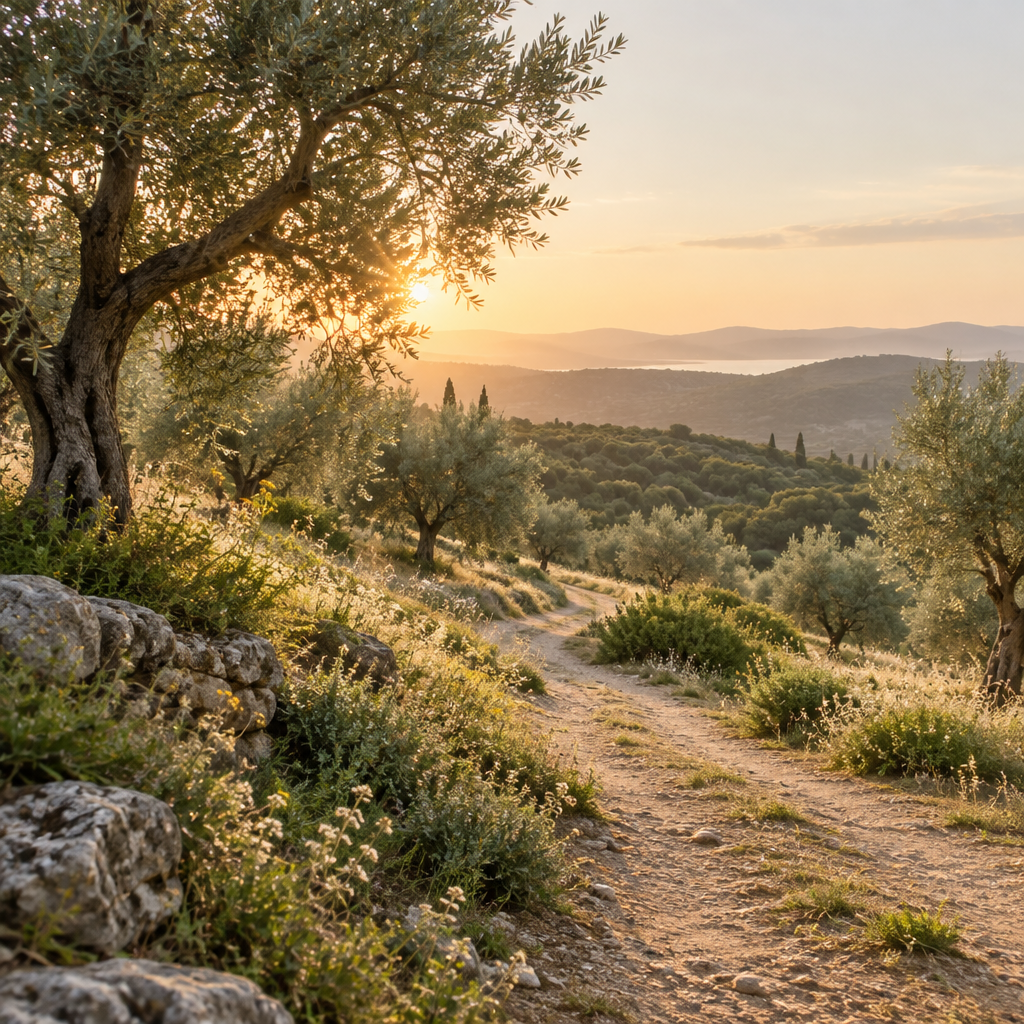 Sentiero di collina nella natura mediterranea al mattino