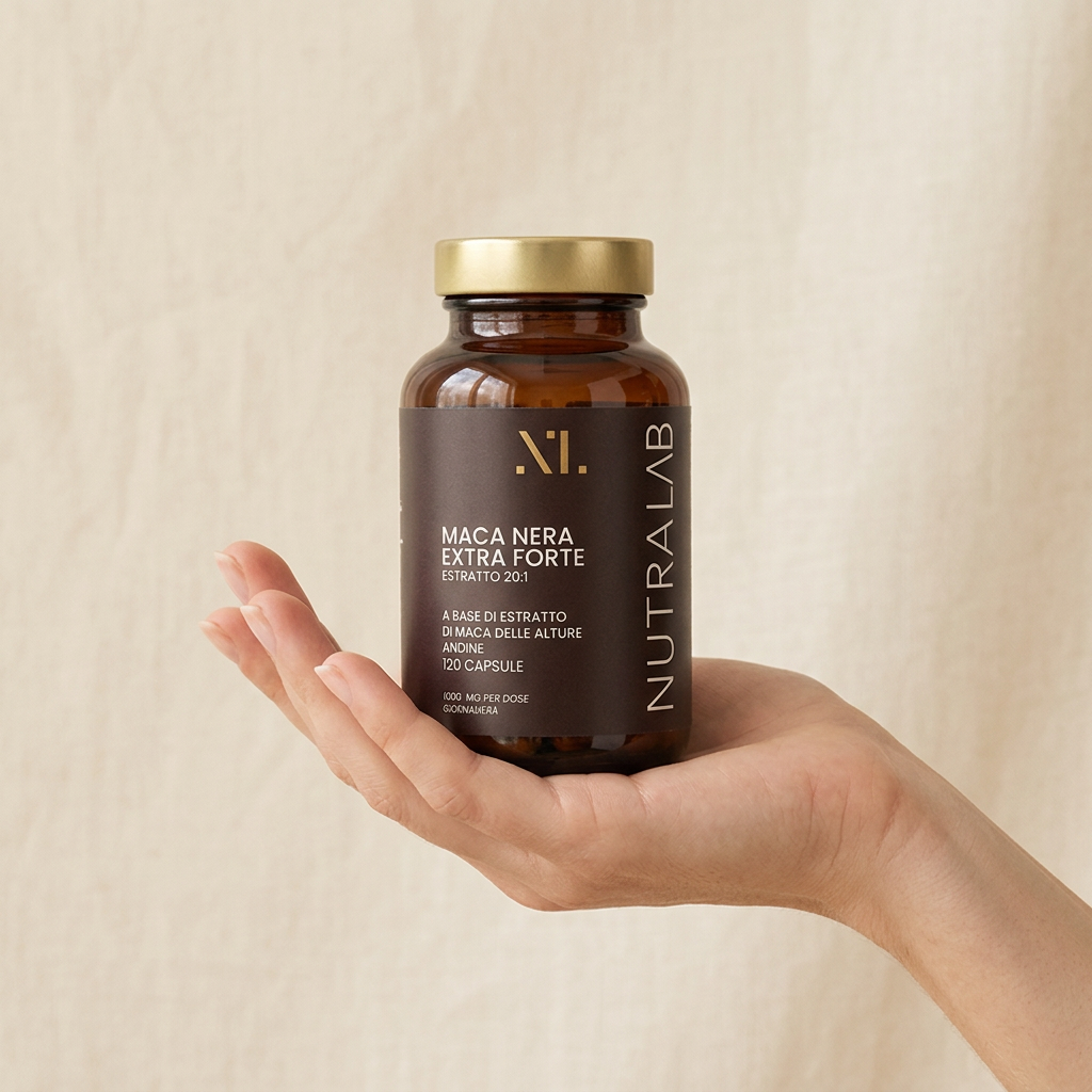 Flacone Maca Nera NutraLab tenuto in mano