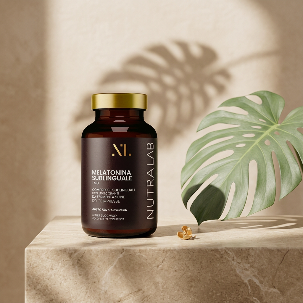 Flacone Melatonina Sublinguale NutraLab su piano naturale