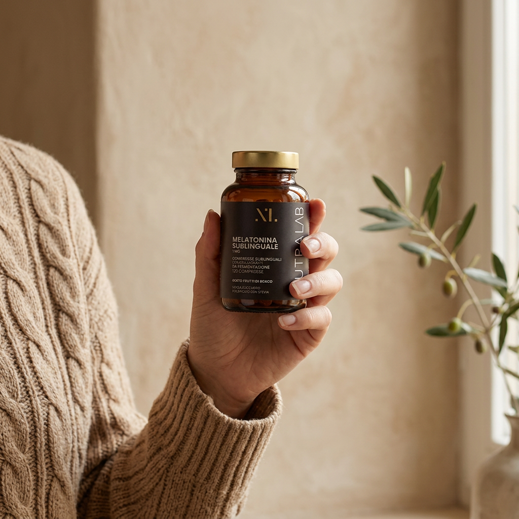 Flacone Melatonina Sublinguale NutraLab tenuto in mano