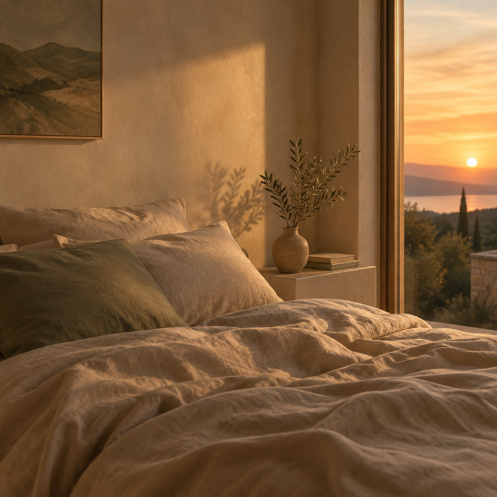 Camera da letto serena al tramonto con lenzuola di lino beige