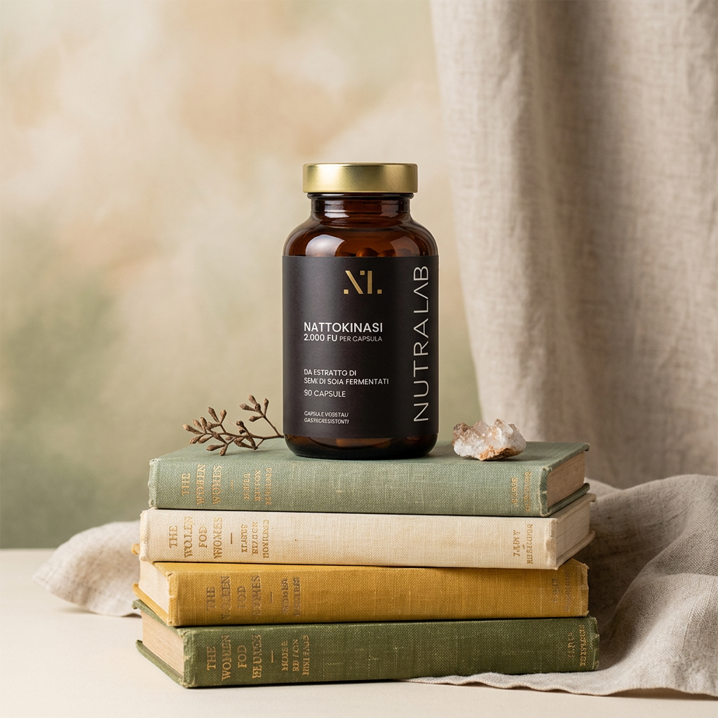 Flacone Nattokinasi NutraLab su libri