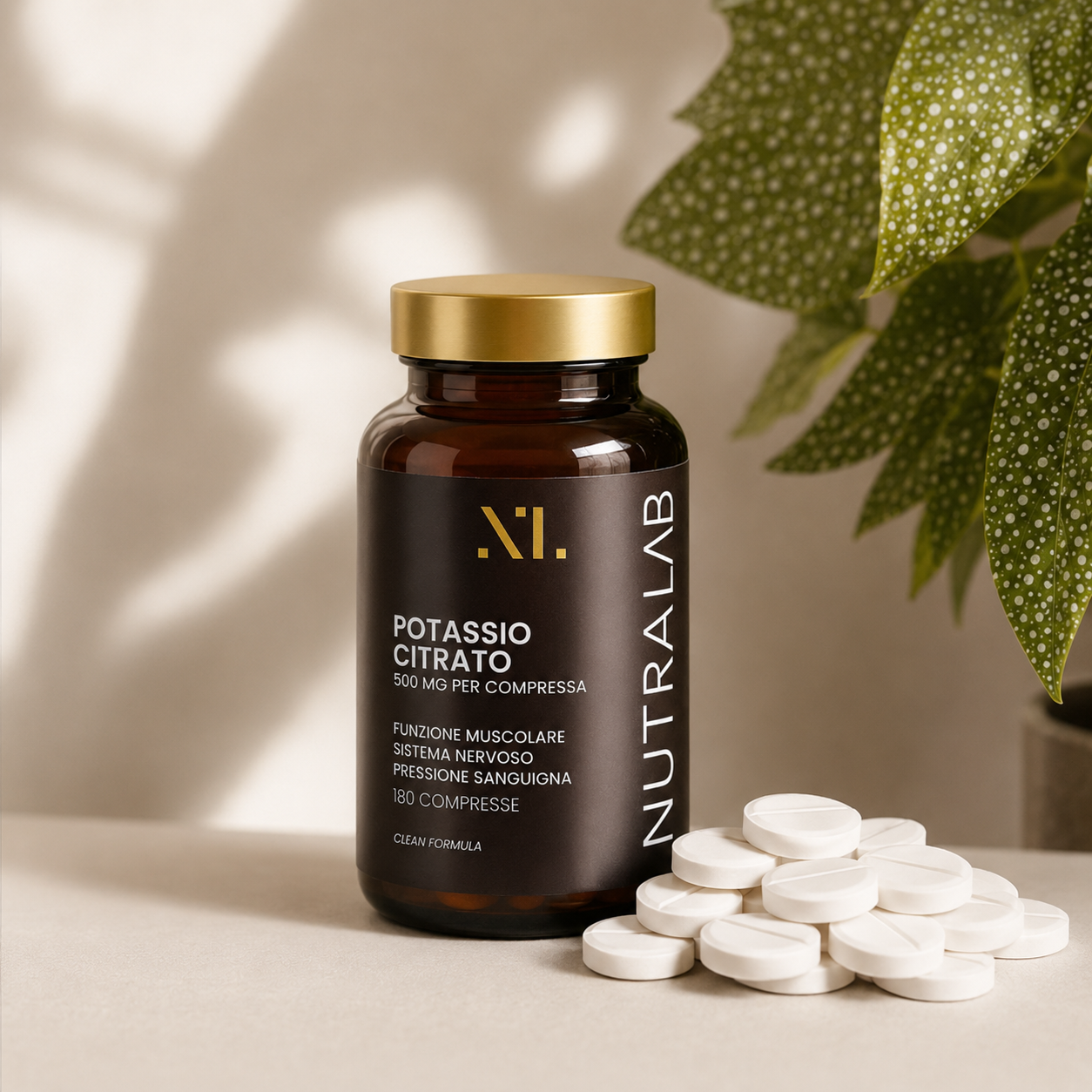 Flacone Potassio Citrato NutraLab tenuto in mano