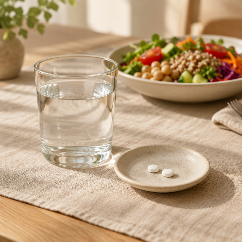 Due compresse accanto a un bicchiere d'acqua, durante il pranzo