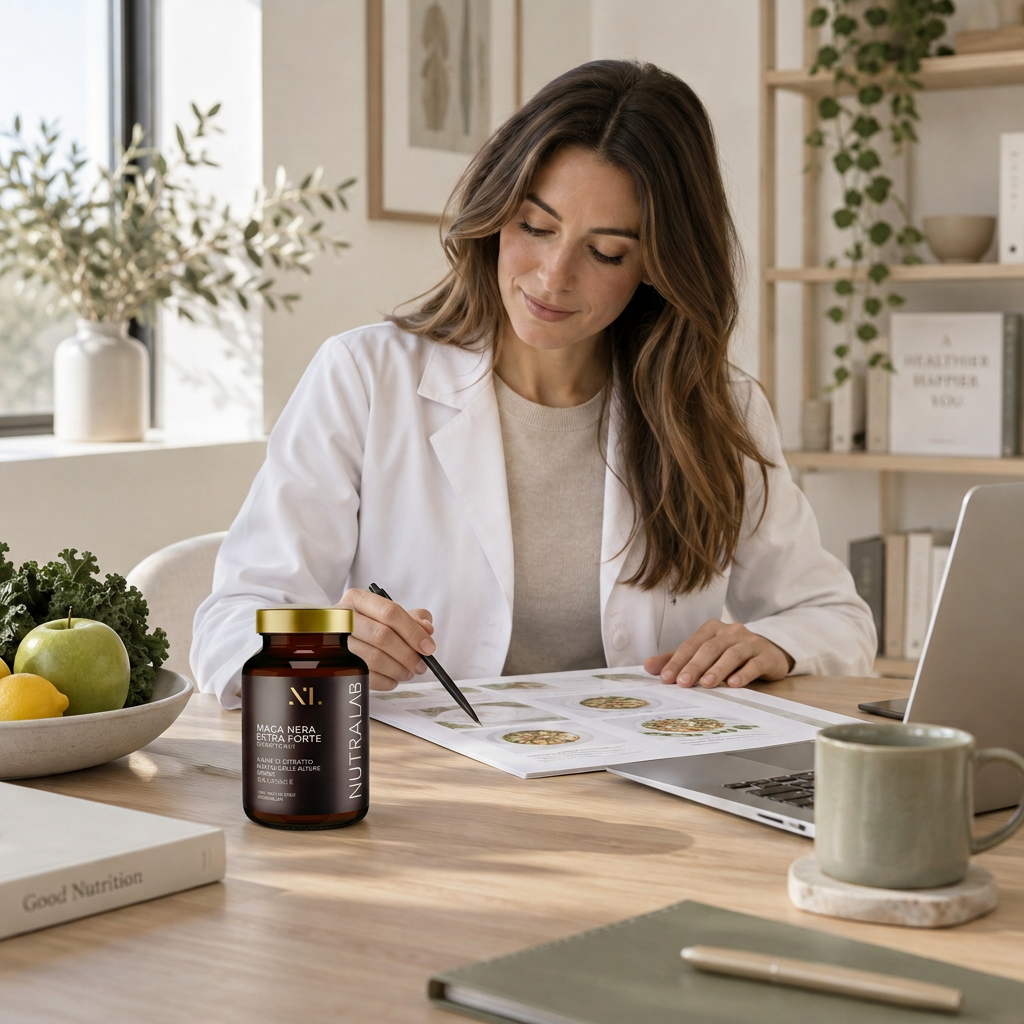 Nutrizionista al lavoro con un barattolo NutraLab