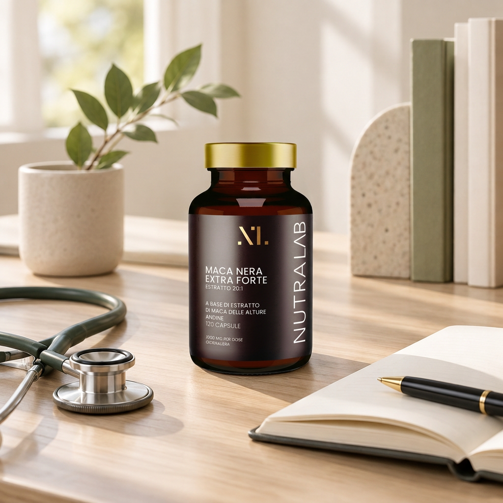 Scrivania professionale con stetoscopio, quaderno e barattolo NutraLab
