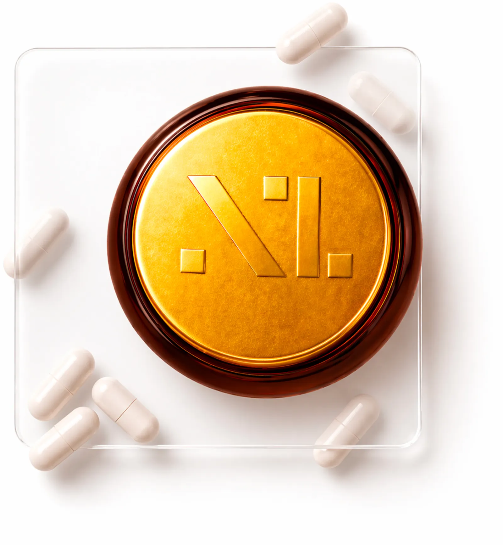 Vasetto Nutralab con sigillo dorato NL e capsule bianche su lastra di vetro