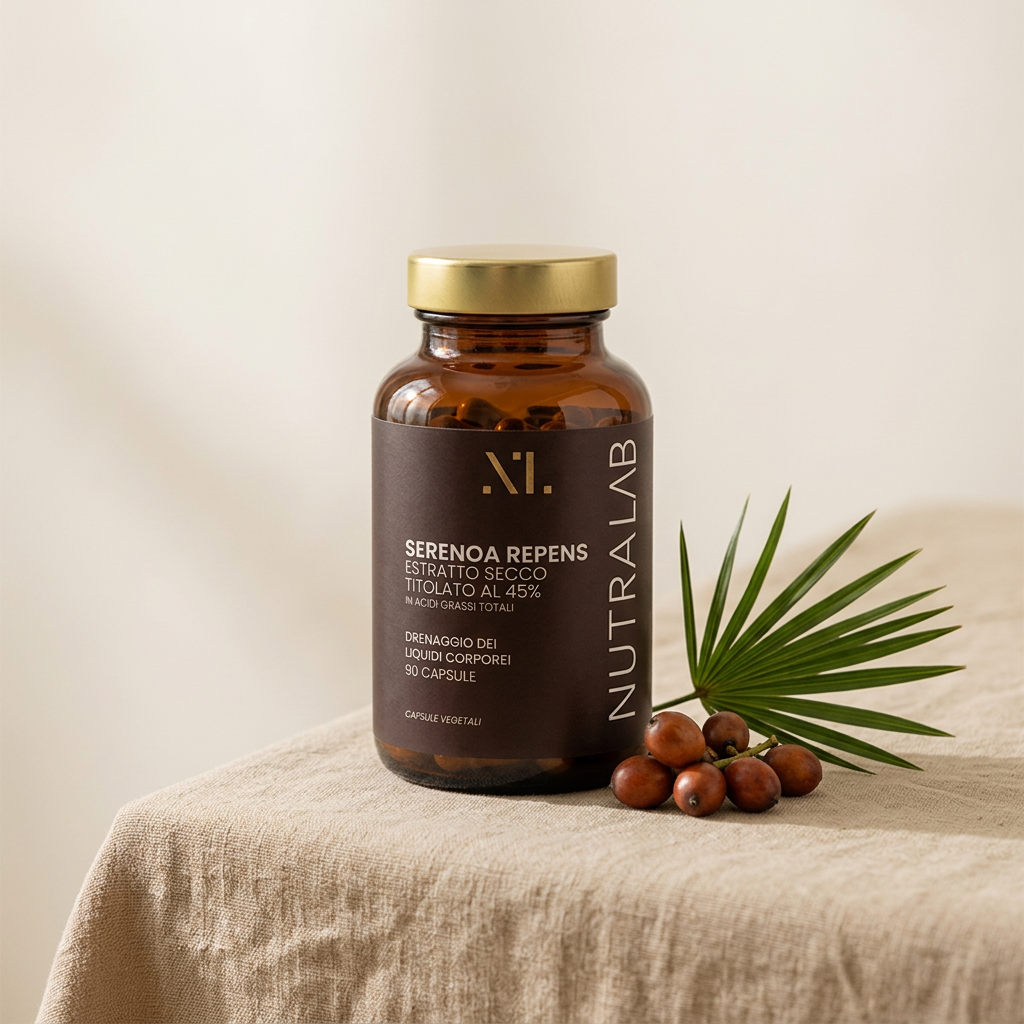 Flacone Serenoa Repens NutraLab con frutti di Serenoa repens e foglia di palma