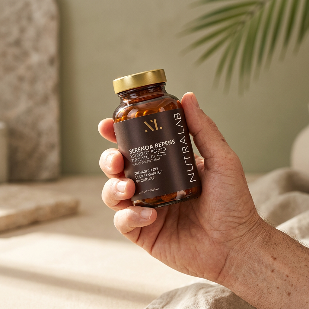 Flacone Serenoa Repens NutraLab tenuto in mano