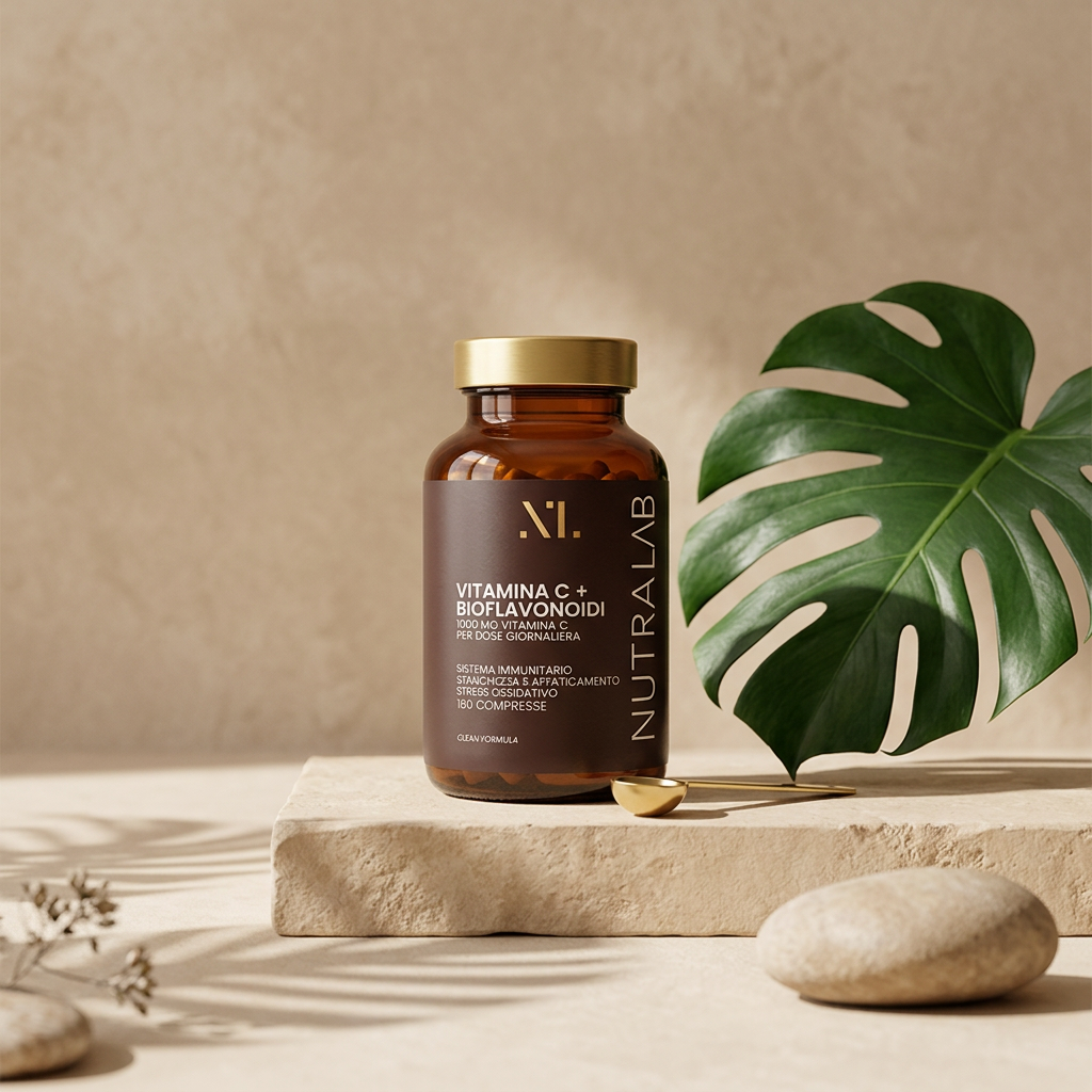 Flacone Vitamina C + Bioflavonoidi NutraLab su piano naturale