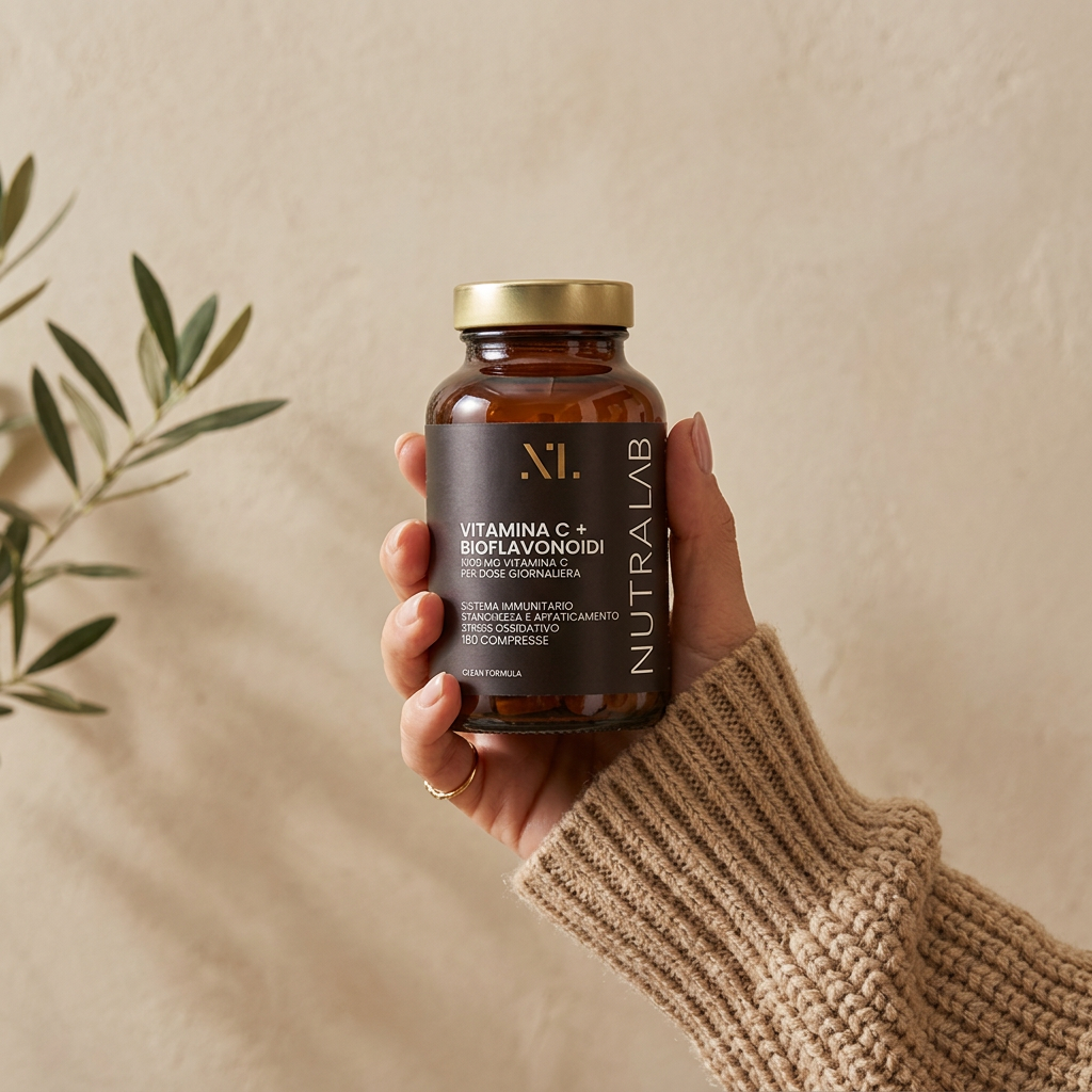 Flacone Vitamina C + Bioflavonoidi NutraLab tenuto in mano