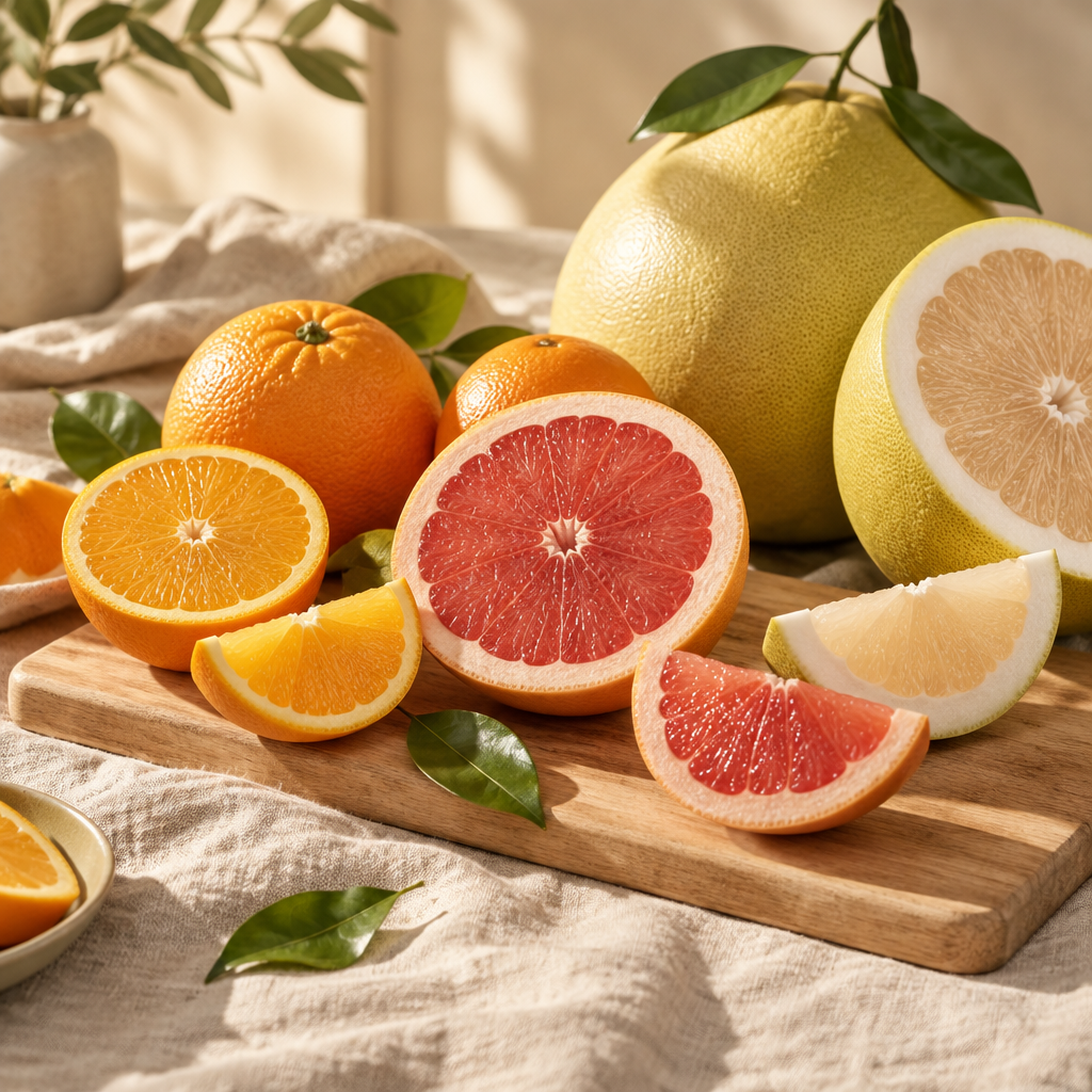 Arance, pompelmo e pomelo su un tagliere di legno chiaro
