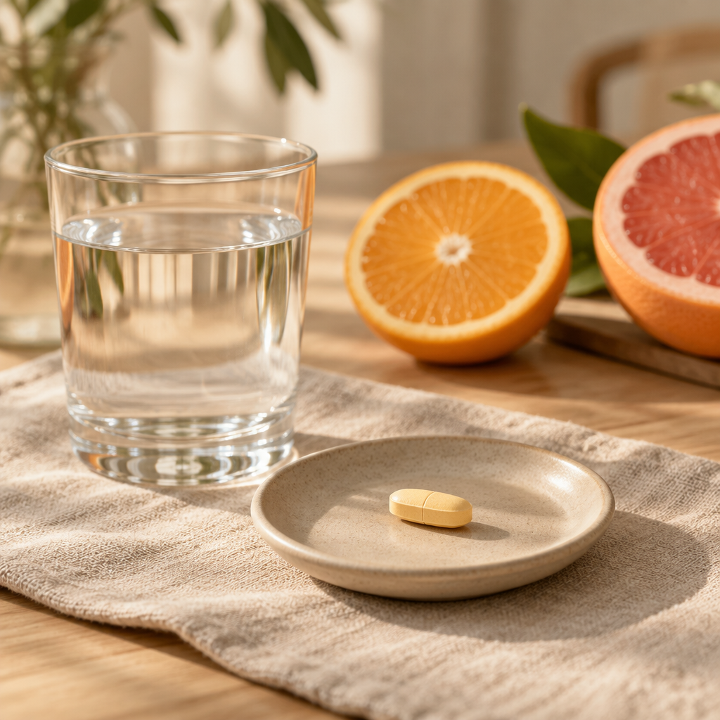 Una compressa di vitamina C accanto a un bicchiere d'acqua, durante il pranzo
