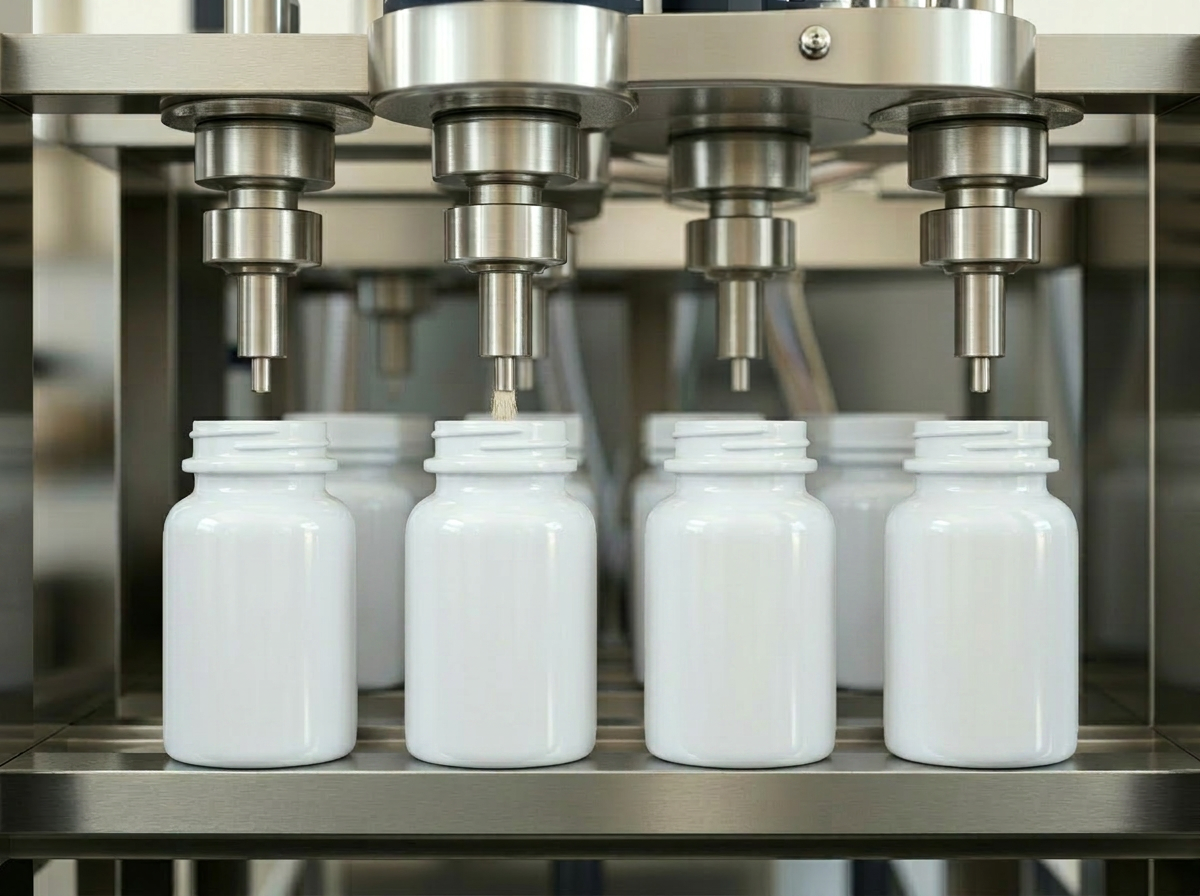 Tre flaconi bianchi allineati su superficie neutra durante la produzione